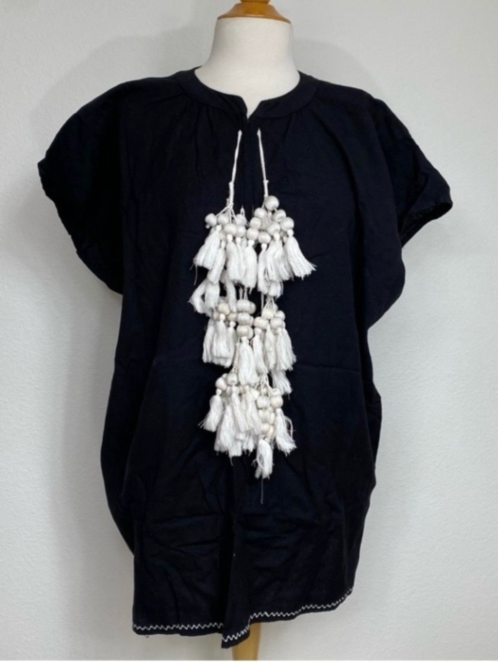 World Market Womens Black Cotton Linen Tassel Oversize Tunic Top Size S/M Boho